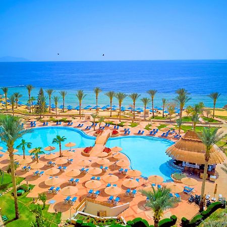 Pickalbatros Royal Grand Sharm - Adults Friendly 16 Years Plus Exteriér fotografie The photo depicts a picturesque resort scene by the sea. In the foreground, there is a large, inviting swimming pool surrounded by lounge chairs and umbrellas. Palm trees are strategically placed around the pool area, adding to the tropical atmospher